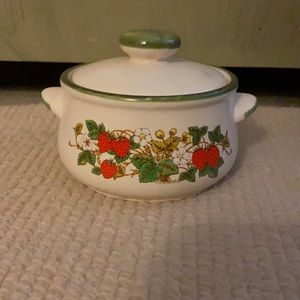 Vintage Ceramic Individual Covered Casserole Dish, Wild Strawberry Pattern